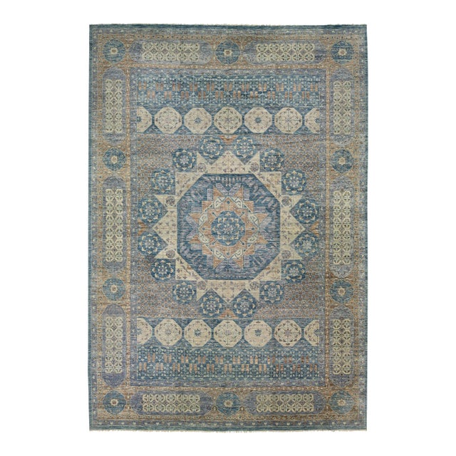 Gray Modern Mamluk Oversize Wool Rug With Geometric Blue Design For Sale