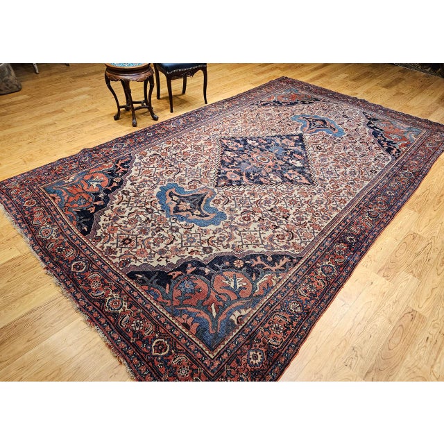 Antique Persian Bidjar Rug, Hand-Knotted Wool, Herati Geometric Pattern, Ivory & Red, 7x12 For Sale - Image 9 of 18