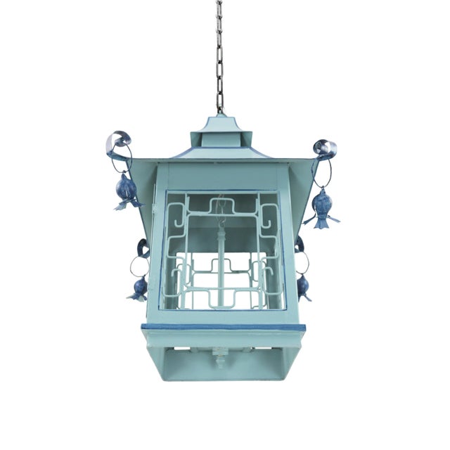Vintage Double Pagoda Blue Three Light Chandelier There is a 12" chain with canopy to the ceiling. No glass included with...