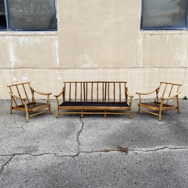 Vintage Ficks Reed Bamboo Rattan Tiki Sofa Set with Pair of Lounge Chairs - 3 Pc Set. Circa Mid 20th Century....