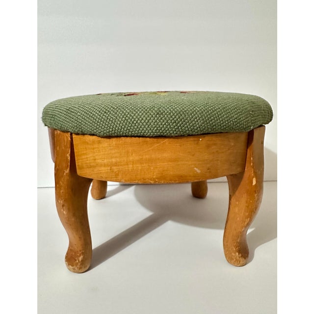 Victorian Vintage Mid 20th Century Small Wooden Footstool With Needlepoint Cushion For Sale - Image 3 of 12