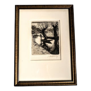Antique "Canoe Trip Under Willow Trees" 1920 Charles Ruckdeschel Signed Framed Etching German Wall Art For Sale