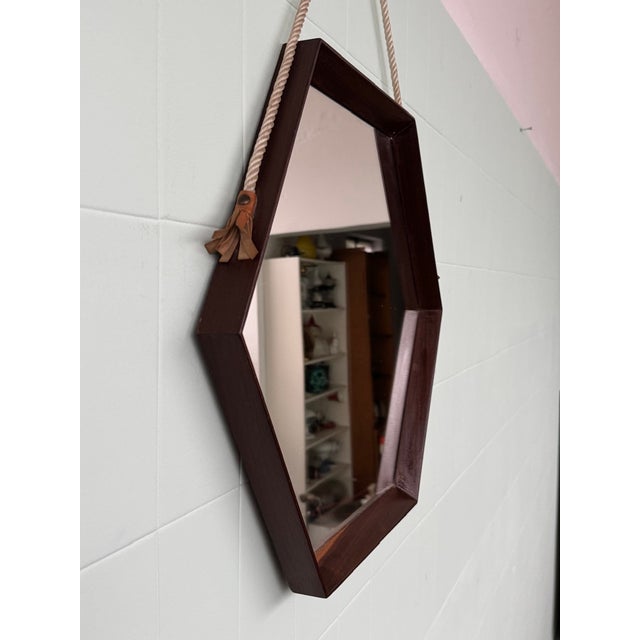 Mid-Century Modern Hexagonal Italian Mirror with Teak Frame, 1950s For Sale - Image 3 of 12