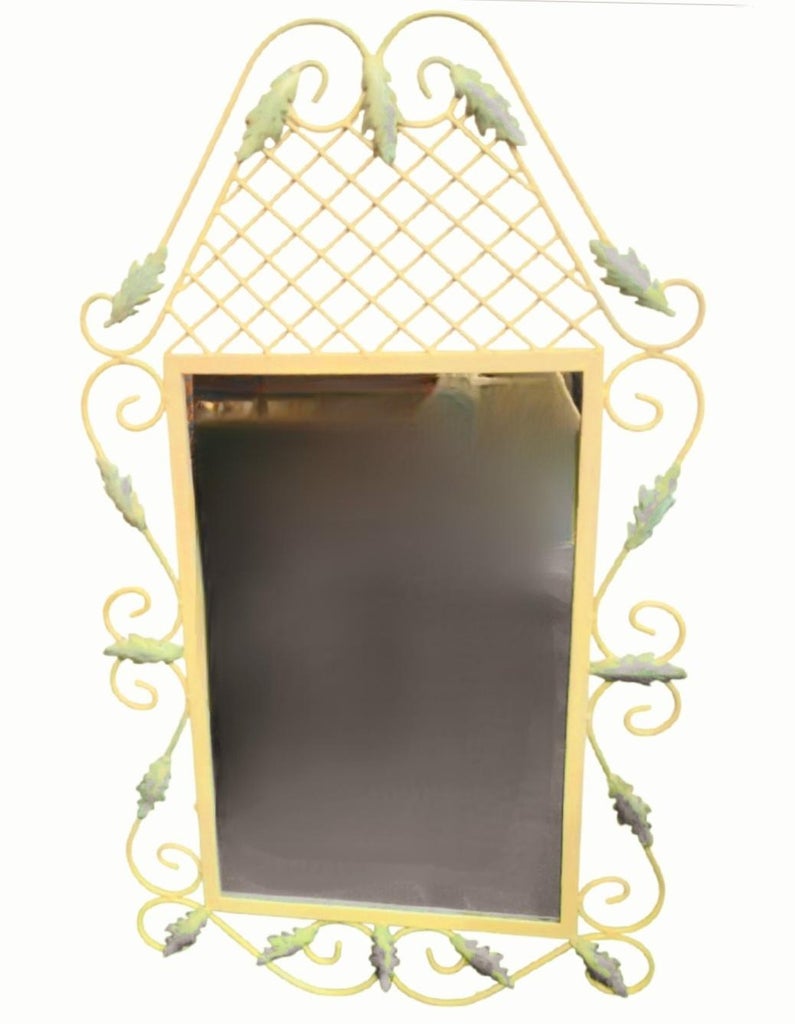 Vintage Tole Metal Lattice Leaf Regency Cream Green Wall Mirror