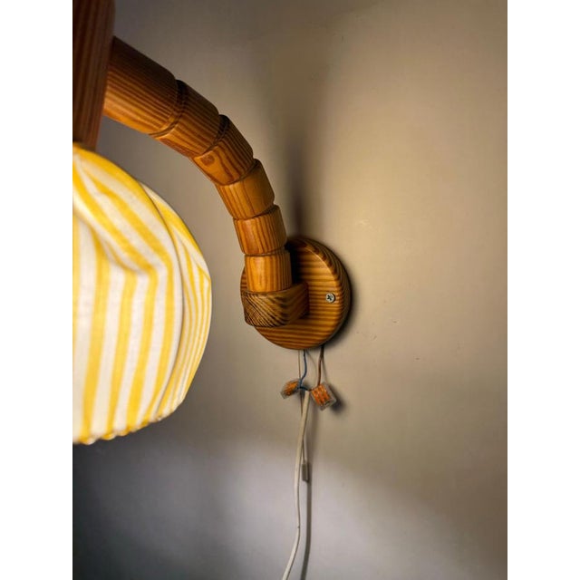 Swedish Wall Lamp in Pine Wood with Yellow and White Fabric Shade, 1980s For Sale - Image 4 of 18