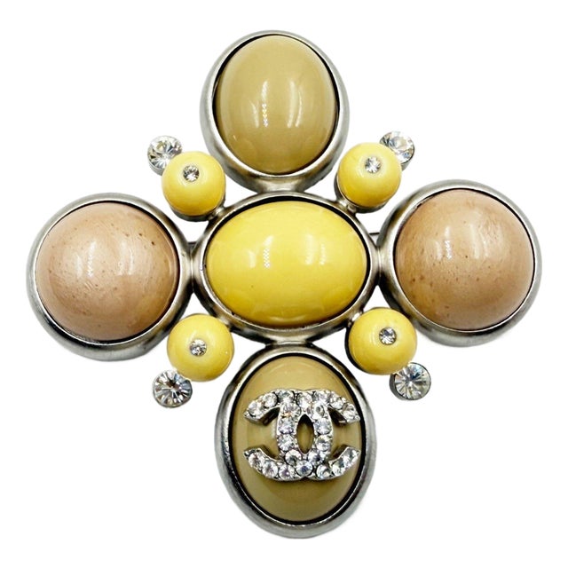 Chanel Silver CC Crystal Cream Yellow Peach Stone Cross Large Pendant Brooch For Sale
