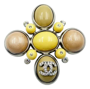 Chanel Silver CC Crystal Cream Yellow Peach Stone Cross Large Pendant Brooch