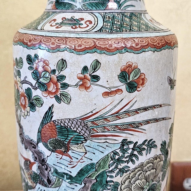 Dark Green Vintage Chinese Famille Verte Style Porcelain Table Lamp With Hand Painted Birds & Peonies For Sale - Image 8 of 18