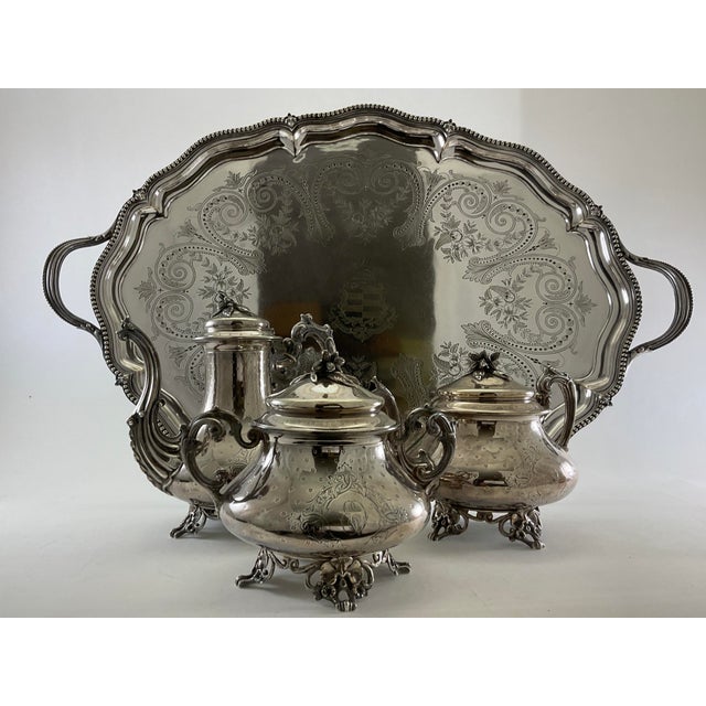 Late 19th Century Napoleon III Sterling 3 Pc Tea & Coffee Set w/ Tray For Sale - Image 12 of 18