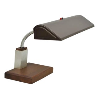 Vintage Mid Century Modern Gooseneck Walnut Base Brown Mad Men Desk Lamp For Sale