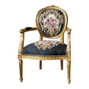 French Tufted Black Velvet Chair with Gold Leaf