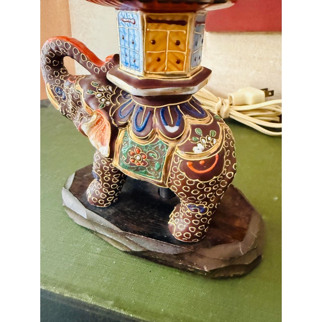 Brown Vintage Japanese Satsuma Elephant Table Lamp Hand-Painted Made in Japan For Sale - Image 8 of 12