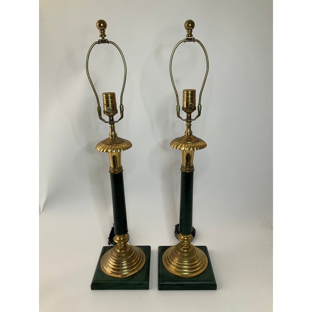 Traditional Mid 20th Century Brass and Marble Table Lamps Matching Pair For Sale - Image 3 of 6