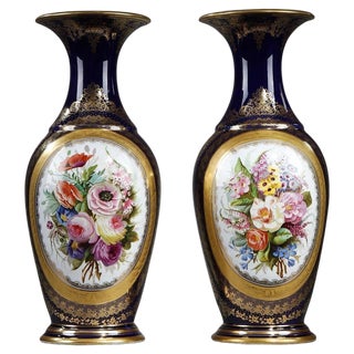 Large Valentine Blue Background Porcelain Vases, 1870s, Set of 2 For Sale