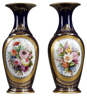 Large Valentine Blue Background Porcelain Vases, 1870s, Set of 2