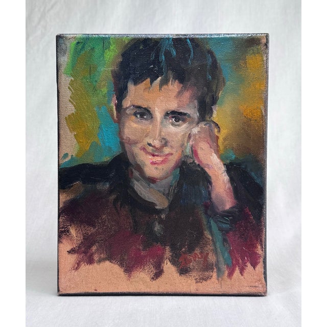 Late 20th Century Vintage Mid Century Expressionist Male Portrait Original Oil Painting in Maroon, Ochre and Green For Sale - Image 5 of 12