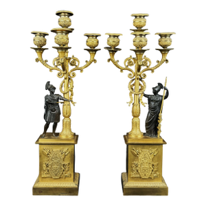 Pair of French Empire Gil & Patinated Bronze Candelabras by Thomire