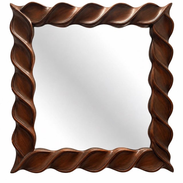 Striking vintage sculptural wall mirror featuring a dramatically twisted, dimensional wood frame with a rich dark brown...