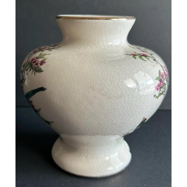 Chinoiserie Vintage 1900s Chinoiserie Bird & Pink Flowering Bush Round Porcelain Vase For Sale - Image 3 of 12