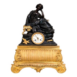 Empire Clock with Sculpted Group in Dark Brown and Gilt Bronze For Sale