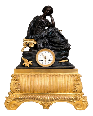 Empire Clock with Sculpted Group in Dark Brown and Gilt Bronze