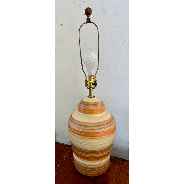 1960s Turned Studio, Pottery Ceramic Lamp, Striped Orange, and Cream Glaze With Shade For Sale - Image 6 of 6