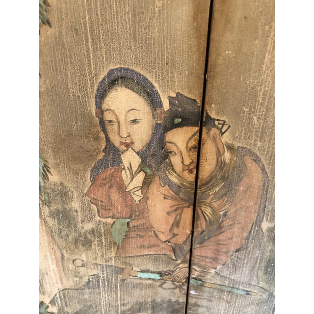 Wood 19th Century Antique Chinoiserie Figurative Distressed Painted Panels -A Pair For Sale - Image 7 of 13