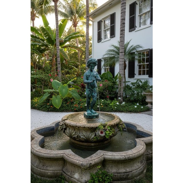 Vintage-Style Bronze Boy Playing Flute Fountain With Verdigris Patina For Sale In West Palm - Image 6 of 9
