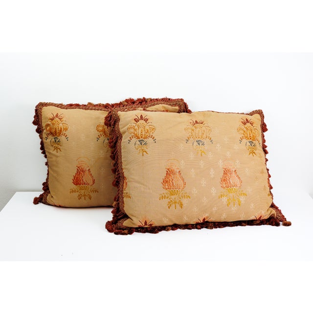 Mid-Century Modern Pair of Peach Antique Damask Embroidered Cushions For Sale - Image 3 of 4