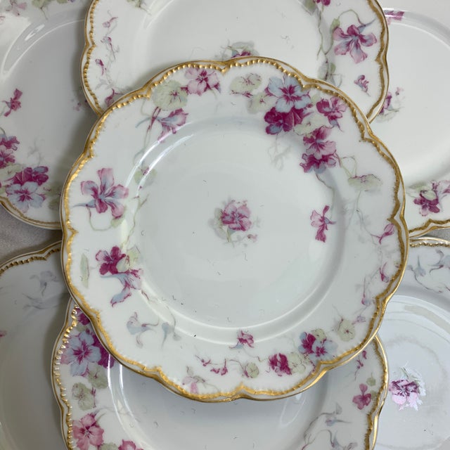 Shabby Chic Vintage French Limoges Haviland Luncheon Plates Purple, Blue and Pink Flowers With Gold Edges - Set of 7 For Sale - Image 3 of 7