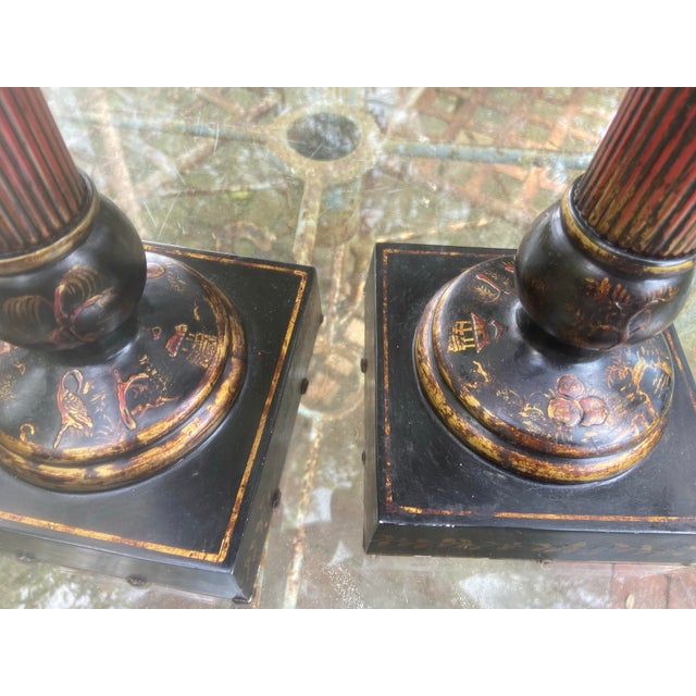 Black Hollywood Regency Chinoiserie Tall Candlestick Holders - Pair - 19.25” H For Sale - Image 8 of 9