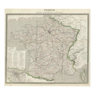 Antique Map of France Road Map by Alexandre Vuillemin, 1850 For Sale