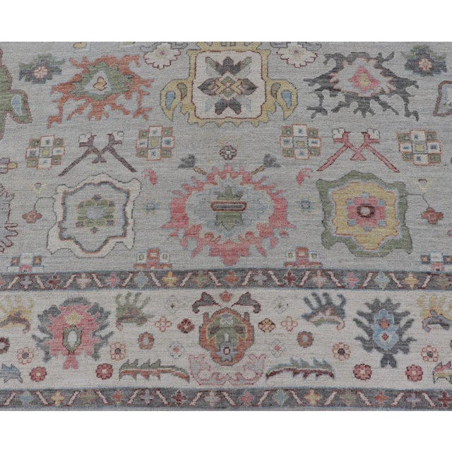 Oushak Floral Motif on Light Grey Background and Colorful Design For Sale - Image 10 of 13