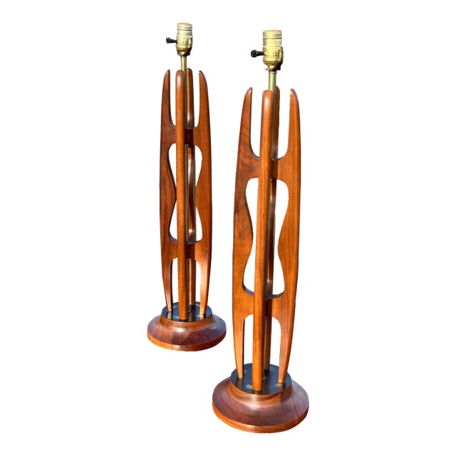 Pair of Vintage C. 1960s Mid Century Modern Sculptural Walnut & Brass Table Lamps For Sale