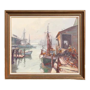 1960s Emile Albert Gruppe Hauling The Nets Oil on Canvas Painting