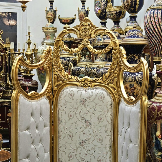 French Paravan Room Divider With Gold Leaf Frame – Off White Folding Screen For Sale - Image 3 of 4