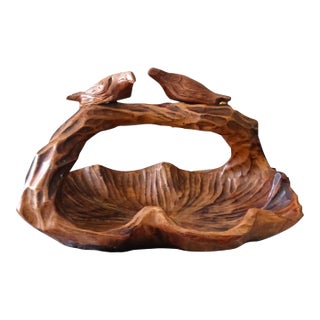 Mid 20th Century Vintage Wood Fruit Basket With Birds, Hand Carved Burl Wood For Sale