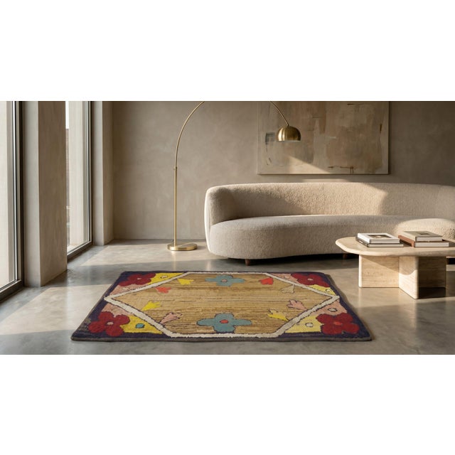 Textile 1920s Tan Camel Floral Folk Art Antique American Hooked Rug 1'10" X 3'3" Handknotted Wool Carpet For Sale - Image 7 of 8