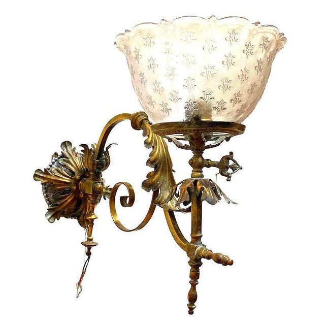 Late 19th Century Electrified Late Victorian Baroque Casted Brass Gas Sconces W/ Shade, Pair For Sale - Image 5 of 8