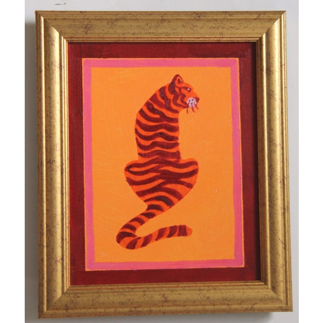 A tiger in orange, burgundy, raspberry pink, yellow-orange. with a double border. Abstract, Minimalism, Folk Art, Pop Art,...