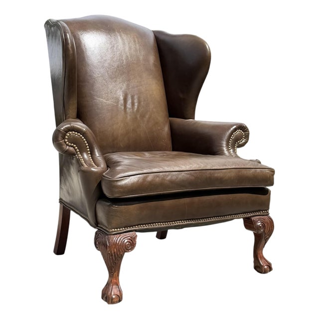 Vintage Ethan Allen Leather Wingback Armchair With Carved Claw Feet For Sale