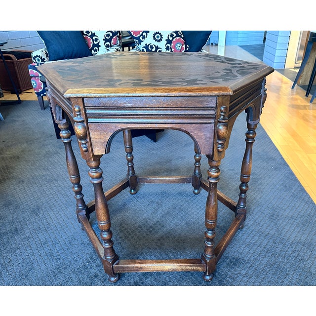 Chestnut Early 1900’s John Fenton Designed Hexagon Wood Table Sourced From O’Conner & Moffitt & Co. Of San Francisco For Sale - Image 8 of 14