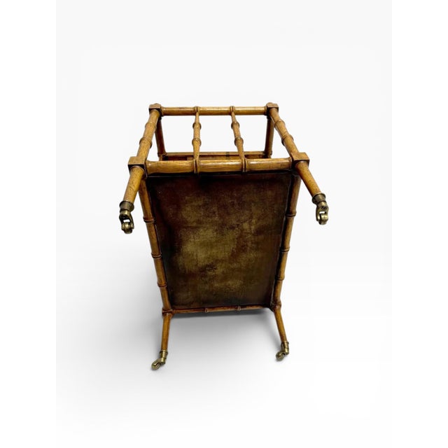 1960s Vintage Baker Furniture Burl Wood Faux Bamboo Form Canterbury Magazine Rack For Sale In Boston - Image 6 of 11