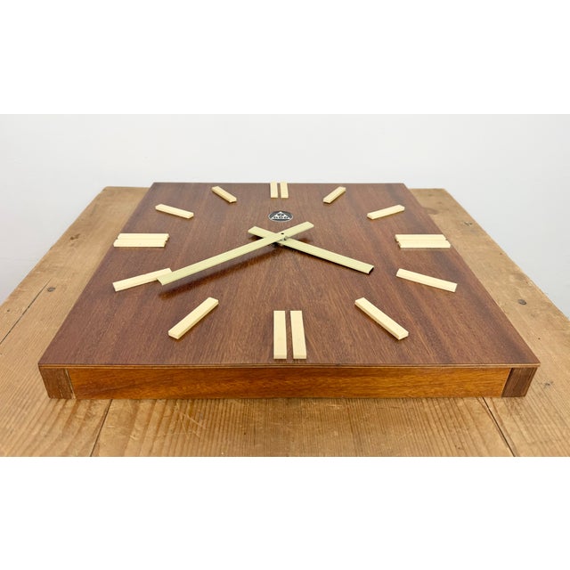 Vintage Brown Wooden Wall Clock from Pragotron, 1980s For Sale - Image 11 of 16