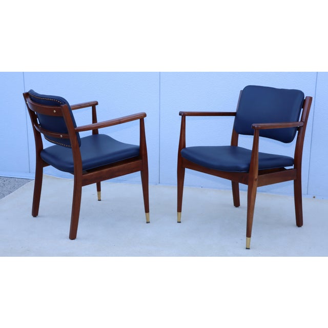 Brown 1960's Walnut Armchairs With Blue Leather Upholstery - A Pair For Sale - Image 8 of 12
