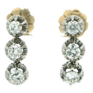 Vintage Platinum and 14k Gold 2 Carat Diamond Drop Earrings Circa 1950s, A Pair For Sale