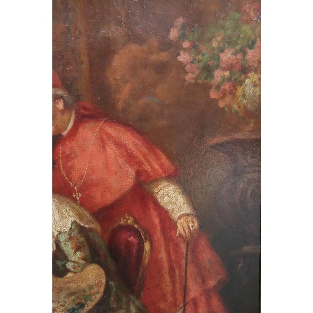 Paper Italian School Artist, Young Woman Painter with Cardinal, Oil Painting on Cardboard, 19th Century, Framed For Sale - Image 7 of 17