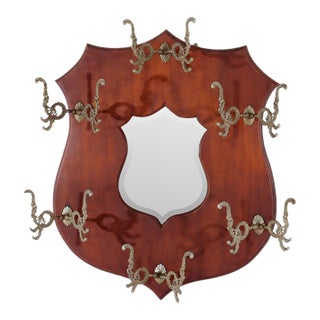 Antique Shield Form Walnut Mirrored Hat Rack With Six Hooks C1890 For Sale