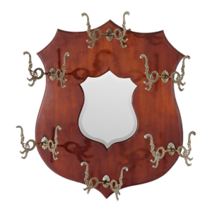 Antique Shield Form Walnut Mirrored Hat Rack With Six Hooks C1890