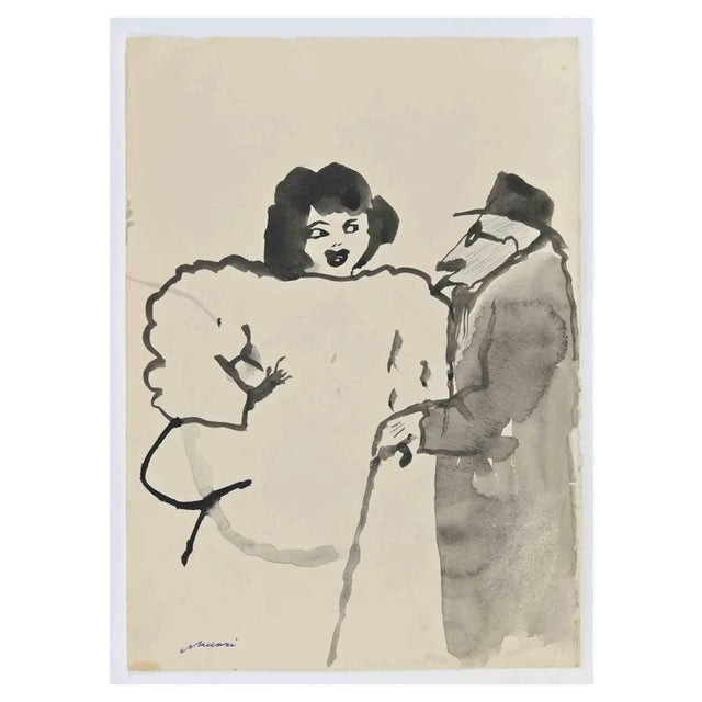 Mino Maccari, The Couple, Watercolor Drawing, 1960s For Sale